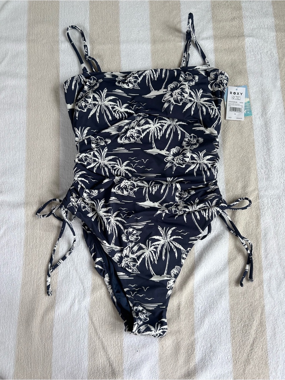 Roxy Navy and White Tropical Ruched One-Piece Swimsuit
